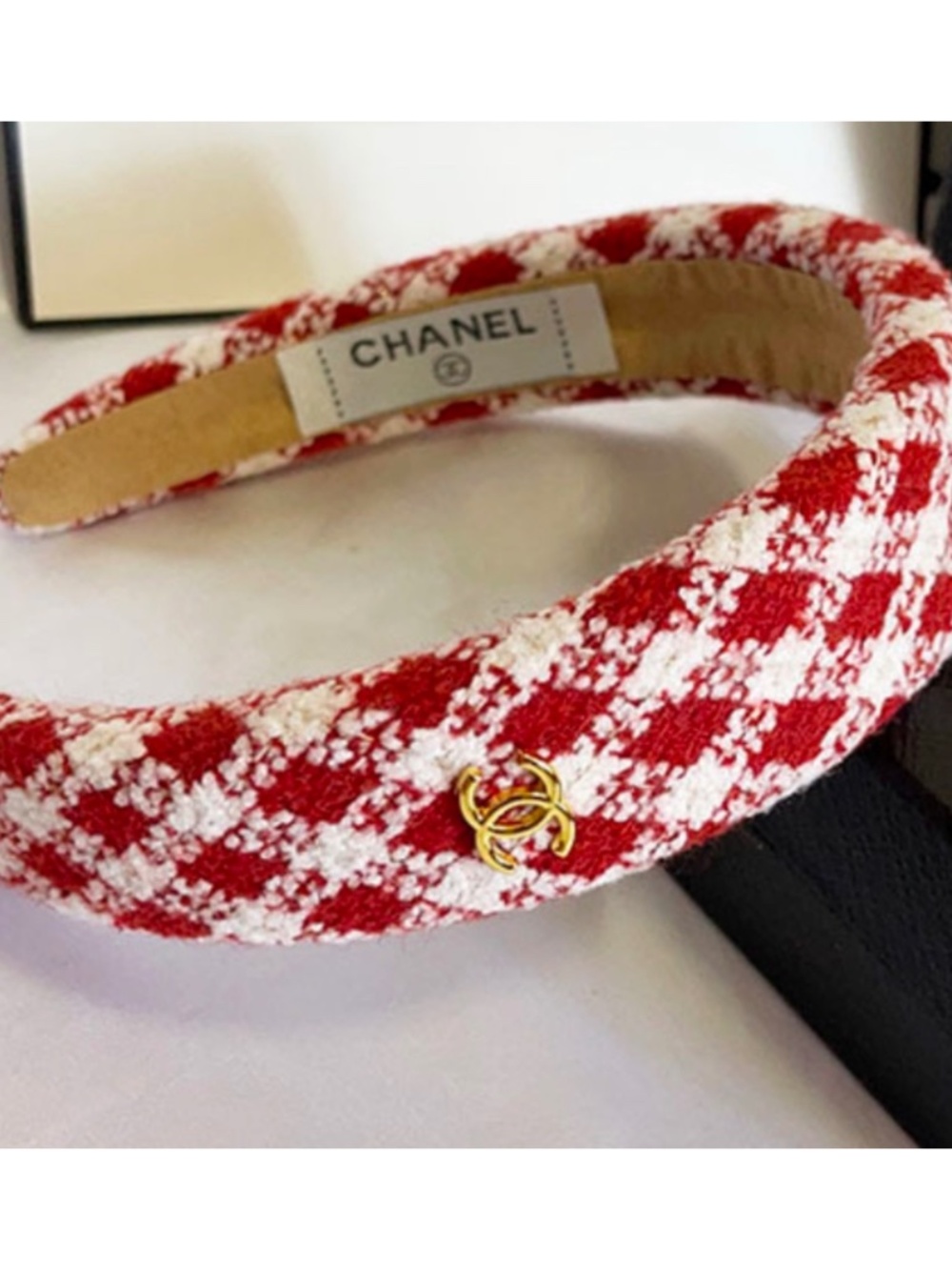 Tweed White & Red Headband with gold Emblem NEW
